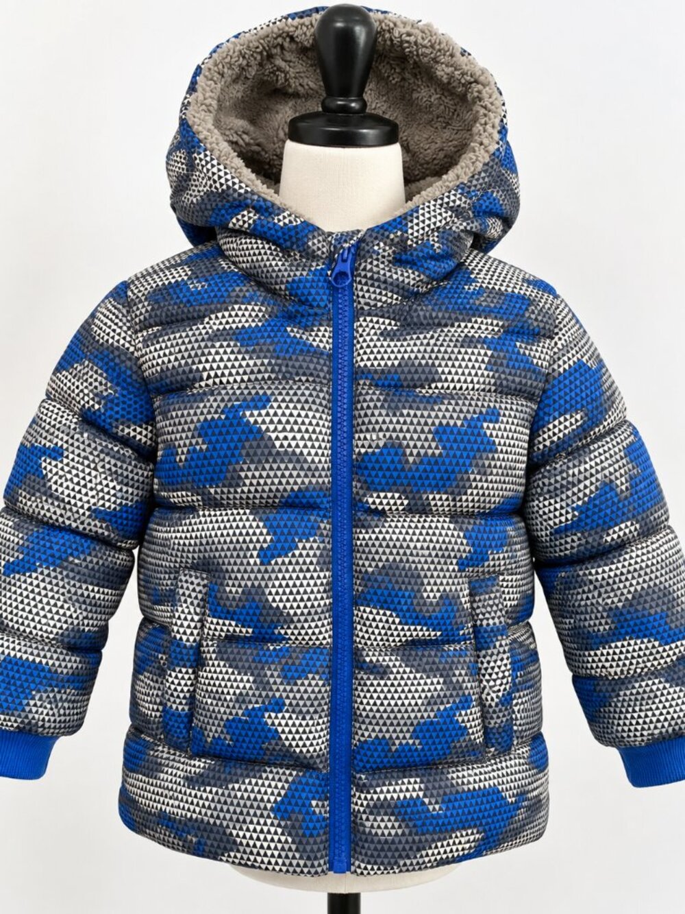 Swiss Tech Boys 3T Puffer Jacket Blue Gray Geometric Camo Fleece Lined Hood